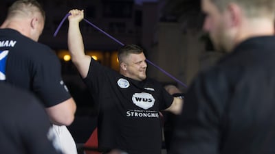 A contestant warms up at the World's Ultimate Deadlift, Burj Plaza, Dubai.