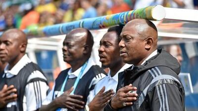 Nigeria coach Stephen Keshi, right, shown before his side's 2014 World Cup round of 16 match against France. Peter Powell / EPA