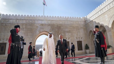 Sheikh Mohamed bin Zayed and King Abdullah arrive at Al Husseiniya Palace. Mohammed Al Hammadi / Ministry of Presidential Affairs