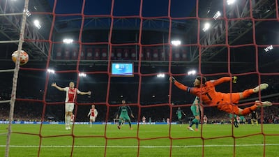 Spurs goalkeeper Hugo Lloris cannot stop Hakim Ziyech scoring for Ajax. Getty