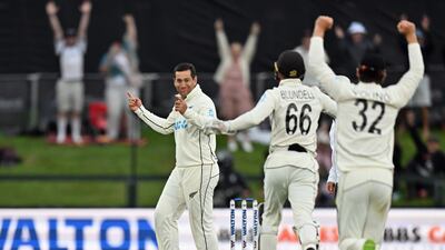 Ross Taylor celebrates after dismissing Ebadot Hossain of Bangladesh to clinch victory for New Zealand in the second Test. Getty