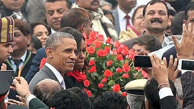 Mr Obama and his wife leaving the Republic Day parade in New Delhi on January 26, 2015.