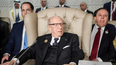Tunisia's President Beji Caid Essebsi, centre, and his Prime Minister Youssef Chahed, right, attend the opening of the 30th Arab Summit in Tunis, Tunisia. AP