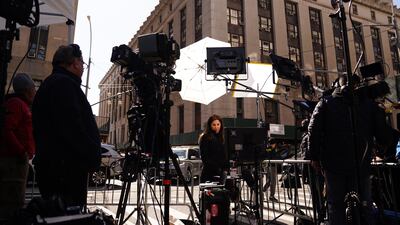 Television crew across the street from the New York criminal court where former US president Donald Trump heard the charges against him on Tuesday. EPA