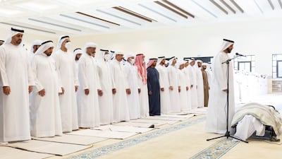 Sheikhs attend funeral prayers for the passing of Sheikha Maryam Al Falasi at the Sheikh Sultan Bin Zayed the First Mosque