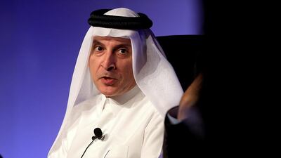 Akbar Al Baker, chief executive at Qatar Airways, gestures during the Arab Air Carriers Organization 47th Annual General meeting in Dubai. Satish Kumar / The National