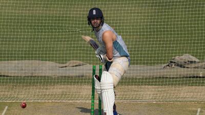 England's Mark Wood bats during a training session. AP