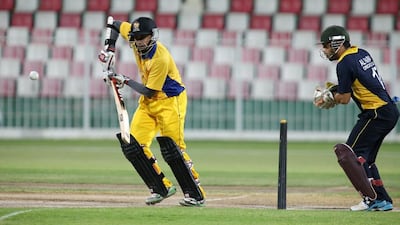 Khurram Khan of Danube Lions playing a shot during the 41st Bukhatir League Final cricket match on Monday. Pawan Singh / The National