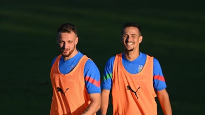 Federico Gatti and Luiz Felipe during Italy's training session at the Coverciano training centre. Getty