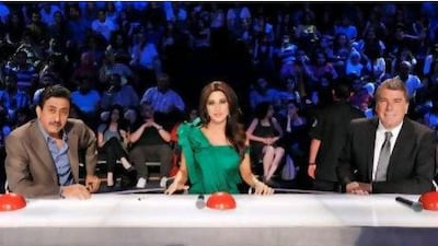The judges on Arabs Got Talent, from left, Nasser Al Qasabi, Najwa Karam and Ali Jaber. Courtesy of MBC