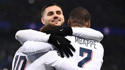 In this file photo taken on December 11, 2019 Paris Saint-Germain's Mauro Icardi, centre, Neymar, left and Kylian Mbappe celebrate a goal against Galatasaray. AFP