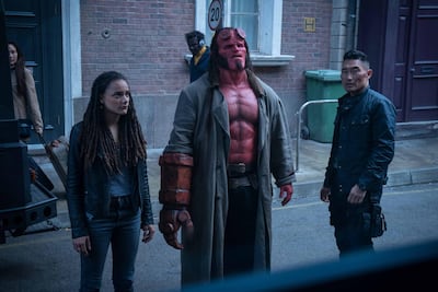 Alice Monaghan (Sasha Lane), Hellboy (David Harbour) and Ben Daimio (Daniel Dae Kim) in 'Hellboy'. Mark Rogers