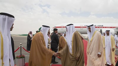 Ali Al Shamsi Deputy Secretary-General of the Supreme National Security Council, greets King Salman, upon the arriving in Riyadh to attend the GCC Summit. Seen with Khaldoon Al Mubarak, chief executive and Managing Director Mubadala and Chairman of the Abu Dhabi Executive Affairs Authority (EAA), and Mohammed Al Mazrouei, Undersecretary of the Crown Prince Court of Abu Dhabi. Mohamed Al Hammadi / Crown Prince Court - Abu Dhabi