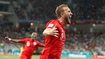 Harry Kane runs off in celebration after scoring England's winning goal against Tunisia in their World Cup Group G mathc. Francis R Malasig / EPA