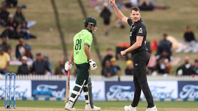 New Zealand's Jacob Duffy celebrates the wicket of Pakistan’s Akif Javed during the second ODI at Seddon Park in Hamilton on Wednesday, April 2, 2025. AFP