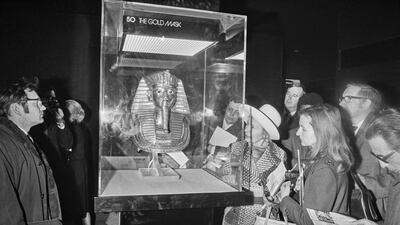 The gold death mask of Egyptian pharaoh Tutankhamun on display in 1972