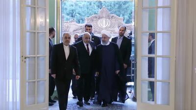 Iranian President Hassan Rouhani (C-R) welcomes Iraqi prime minister Adel Abdul Mahdi (C-L) and others at the Saad Abad palace in Tehran, 22 July 2019. EPA