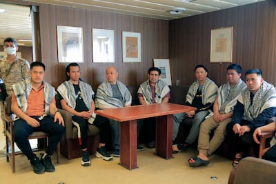 Crew members of the Galaxy Leader after being seized by Houthi rebels. AFP