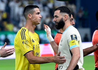 Former Real Madrid teammates Cristiano Ronaldo, left, and Karim Benzema, lining up ahead of a match for Al Nassr v Al Ittihad. Reuters