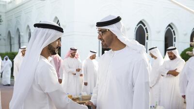 Sheikh Mohammed bin Zayed, Crown Prince of Abu Dhabi and Deputy Supreme Commander of the Armed Forces, greets an Armed Forces servicemen injured while serving the armed forces in Yemen. Seen during a Sea Palace barza. Ryan Carter / Crown Prince Court - Abu Dhabi