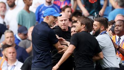 Chelsea manager Thomas Tuchel clashes with Tottenham's Antonio Conte after the 2-2 Premier League draw at Stamford Bridge on August 14. Action Images