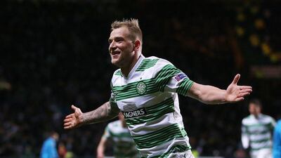 John Guidetti celebrates scoring Celtic's late equaliser against Inter Milan at Celtic Park. Ian MacNicol / AFP