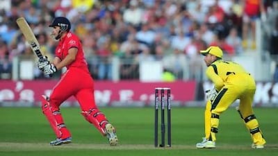 Alex Hales missed out on a maiden hundred for the second time in his career but helped England set up a daunting total. Stu Forster / Getty Images