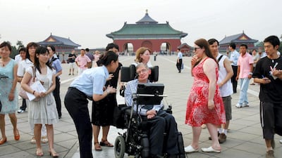 Stephen Hawking during his visit to the Temple of Heaven in Beijing, China. Getty Images