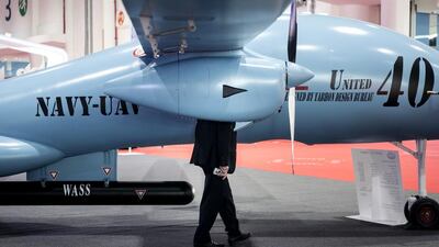 Above, a United 40 drone at Adcom Systems' stand, an Abu Dhabi company based in Musaffah which has been producing unmanned target-training drones since the 1990s. Reem Mohammed / The National