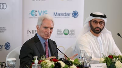 Nasser Saidi, chairman of the Clean Energy Business Council, and Khalifa Al Qubaisi, chief commercial officer of Adnec, at Wednesday’s press conference announcing the first Electric Vehicle Innovation Summit in Abu Dhabi. Khushnum Bhandari / The National