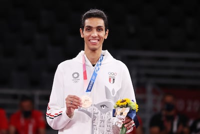 Bronze medalist Seiff Eissa of Egypt during the medal ceremony for the men's -80kg taekwondo division. EPA