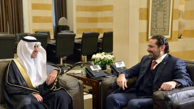 Lebanon's premier Saad Hariri (R) meets with Saudi envoy Nizar Al Aloula (L) at the Grand Serail in downtown Beirut, Lebanon, on February 26, 2018. Wael Hamzeh / EPA