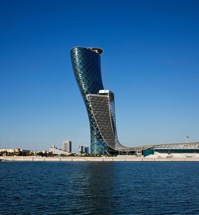 The 'leaning tower' Capital Gate building. Courtesy Hyatt Corporation