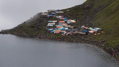Pilgrims pitch tents around the Gosaikunda Lake. Narendra Shrestha/EPA