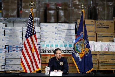 Andrew Cuomo at a news conference against a backdrop of medical supplies in New York last month. AFP