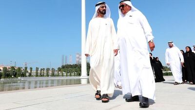Sheikh Mohammed bin Rashid, Prime Minister and Ruler of Dubai, and Sheikh Hamdan bin Rashid, Minister of Finance and Deputy Ruler of Dubai, walk to the first Cabinet meeting of the year on Sunday at Union House in Dubai. Wam