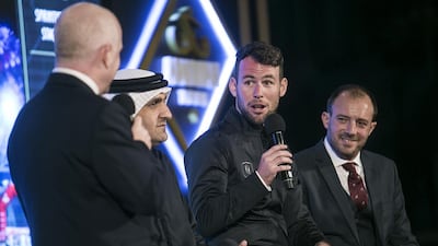 Mark Cavendish, the Abu Dhabi Tour's ambassador, second from right, speaks at the 2017 Abu Dhabi Tour media conference where this year's route and jerseys were unveiled. Mona Al Marzooqi/ The National