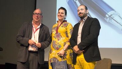 From left, the literary agent Luigi Bonomi, Claudine Pabst and Charles Nahhas, managing director of Montegrappa Middle East. Courtesy Emirates Festival of Literature