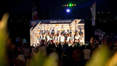 Groupama Sailing Team celebrates after completing the second leg of the Volvo Ocean Race in Abu Dhabi on January 4, 2012. Christopher Pike / The National