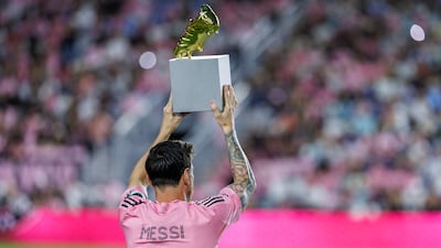 Inter Miami forward Lionel Messi holds the 2025 MLS Golden Boot before the MLS football match between Inter Miami and Nashville at Chase Stadium in Fort Lauderdale, Florida, on October 24. Messi scored twice in the 3-1 victory, the first of Inter Miami's three MLS play-off games against Nashville. EPA