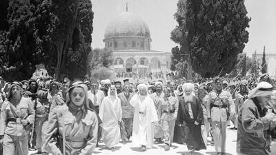 King Abdullah of Jordan on his way to Al Aqsa mosque in June 1948, with the Dome of the Rock in the background. Getty Images