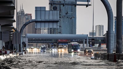 Aftermath of the heavy night time rains along the Mall Of The Emirates turnoof on Sheik Zayed Road Dubai. Antonie Robertson/The National