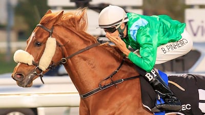 Bernado Pinheiro reacts as Azadi Star storms home in the Group 3 Arabian Triple Crown in Abu Dhabi on Monday, March 14, 2022. - DHRIC