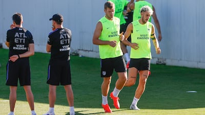 Atletico Madrid's Alexander Sorloth, left, and Matteo Ruggeri during training in Madrid. EPA