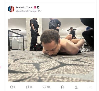 US President Donald Trump posted this image of the presumed shooter at the White House Correspondents Association dinner on April 25, 2026.