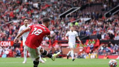Bruno Fernandes scores Manchester United's third goal at Old Trafford.