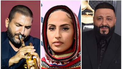 Lebanese-French trumpeter and composer Ibrahim Maalouf, Swedish-Iranian singer Snoh Aalegra and Palestinian-American rapper DJ Khaled are all nominees in the 65th Grammy Music Awards. Photo: Getty