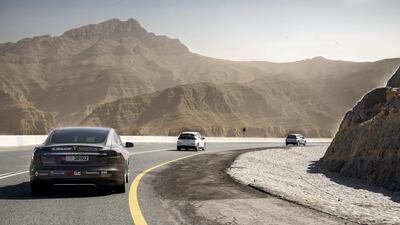 A Tesla Model S and two Chevrolet Bolt EVs descend Jebel Jais on last year's EVRT Middle East. Global EVRT