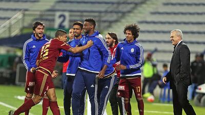 Denilson of Al Wahda celebrates after scoring the lone goal in his team's 1-0 Arabian Gulf Cup final victory over Al Shabab in the final on Friday night in Dubai. Satish Kumar / The National / April 1, 2016