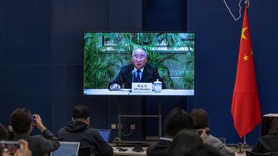 epa09152991 A screen shows Xie Zhenhua, China's Special Envoy for Climate Change, speaking during a media briefing on Chinese President Xi Jinping's attendance at virtual international Leaders Summit on Climate, at the Ministry of Foreign Affairs, in Beijing, China, 22 April 2021. Around 40 international leaders attended the summit called by US President Biden. The meeting is intended to underline the urgency and economic benefits of stronger climate action on the road to the United Nations Climate Change Conference (COP26) in Glasgow in November 2021. EPA/ROMAN PILIPEY